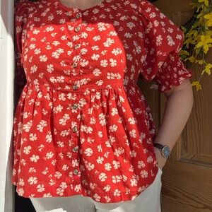 Madewell Red Floral Button-Front Blouse | Spring/Summer Top | Size Small